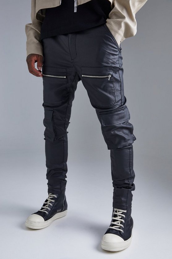 Beschichtete Skinny Twill Cargo-Hose mit Reißverschluss