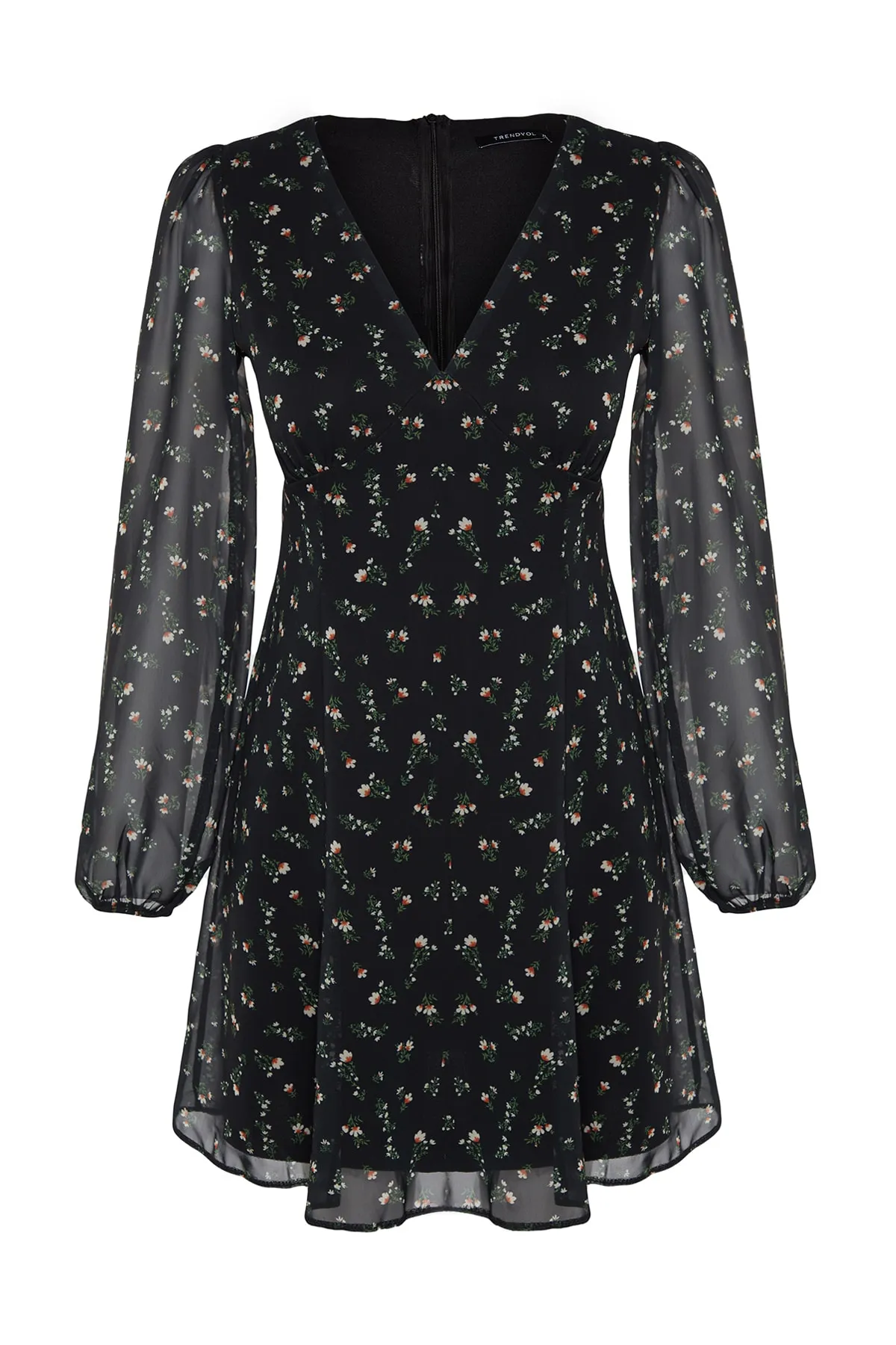 Trendyol Collection  Schwarzes, mit Blumenmuster bedrucktes Mini-Kleid aus Chiffon mit Futter und V-Ausschnitt TWOAW24EL00320