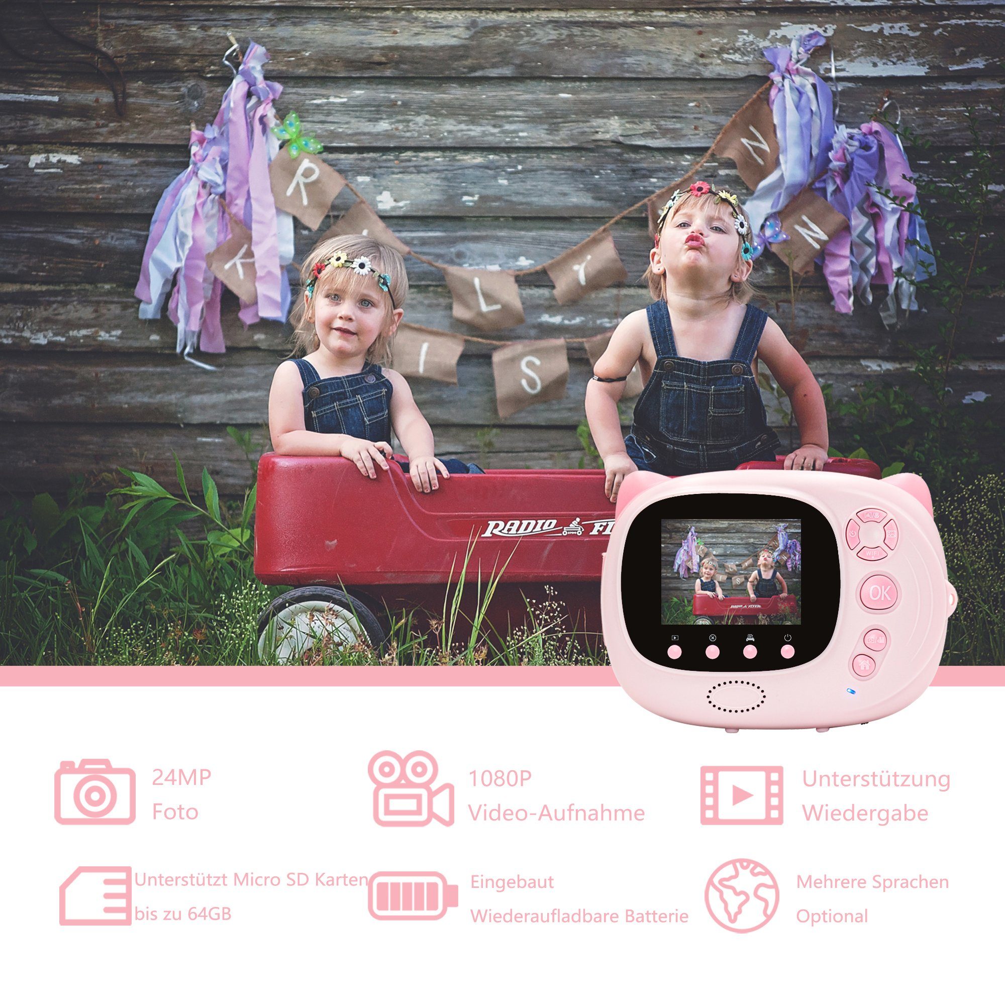 OKA Kinderkamera, Sofortbildkamera Kinder DigitalKamera 1080P Videokamera Kinderkamera (inkl. Kinder Kamera Drucken Schwarzweiß Foto mit Pinselstift, Kinder Digitalkamera mit 32GB SD-Karte, Geschenk für Kinder)