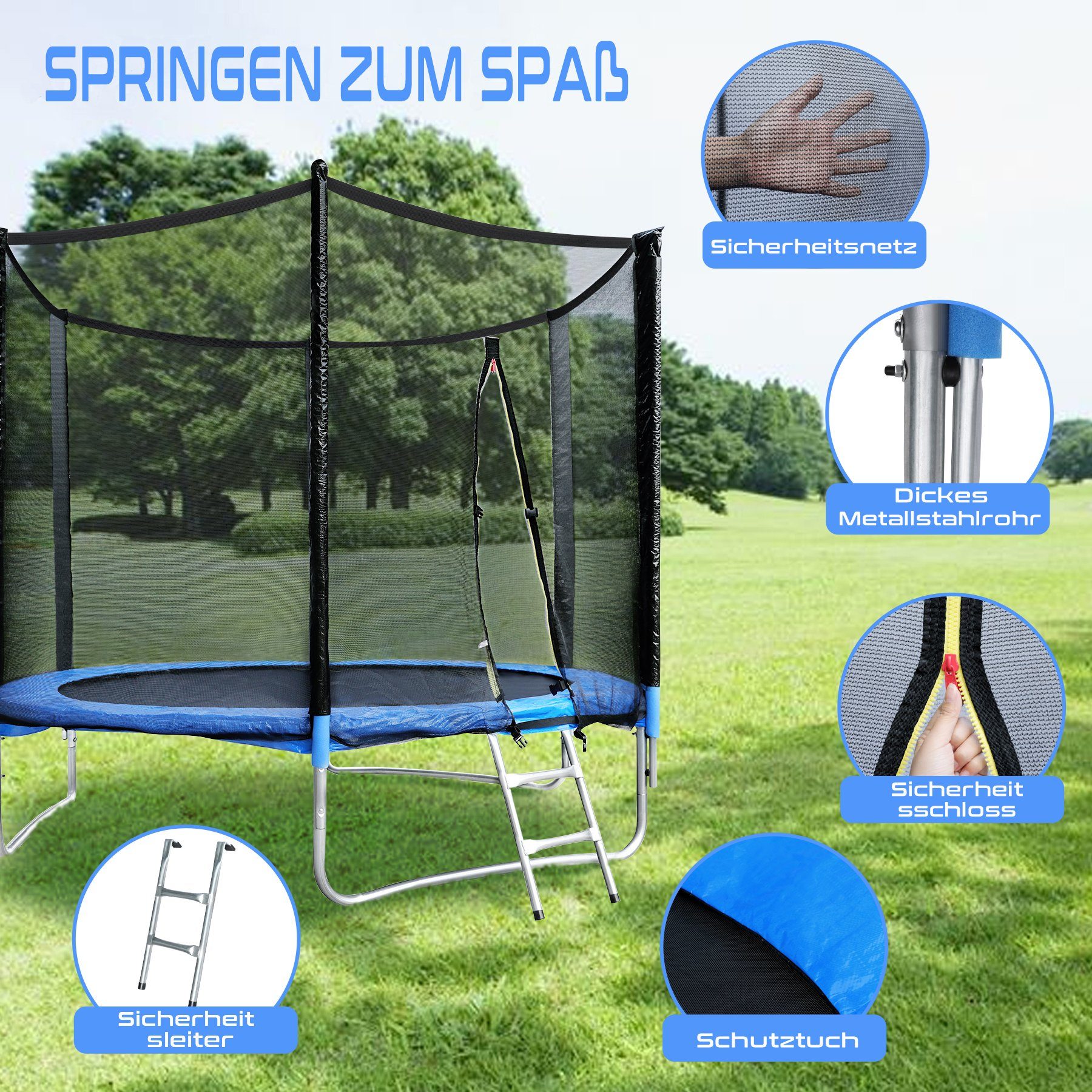 HomeMiYN Gartentrampolin Trampolin Outdoor Ø183/244/305/366cm Sicherheitsnetz Kindertrampolin, Schutzrand schwarz,mit sicherheisnetz