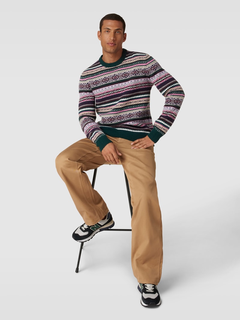 Strickpullover aus Lammwolle mit Allover-Muster in dunkelgrün