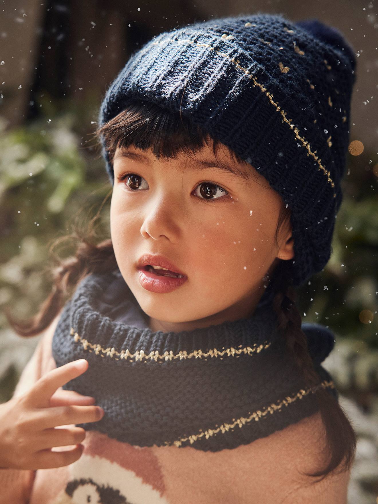Ensemble bonnet + snood + gants coeurs fille encre imprimé
