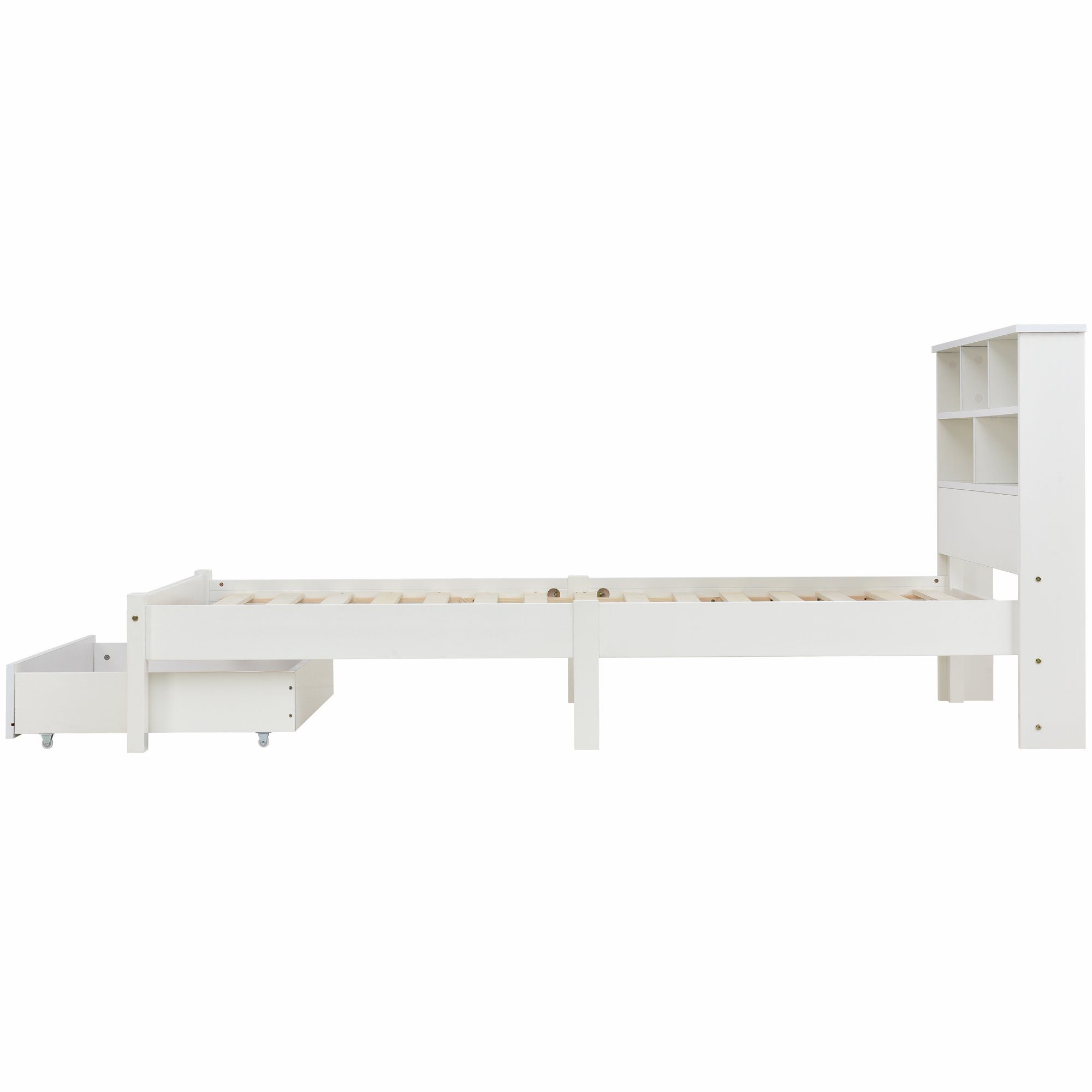 Ulife Massivholzbett Weiß Doppelbett /Einzelbett mit Schubladen und Bücherregal Kopfteil, 140 × 200cm