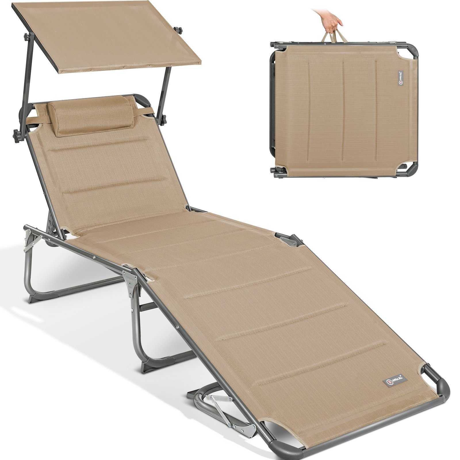 HOMECALL Gartenliege Sonnenliege AluLiege Liegestuhl Strandliege, klappbar, Textilene Mit Dickem Schwamm, Verstellbare Rückenlehne, Sonnenblende, Kopfpolster, bis 150KG