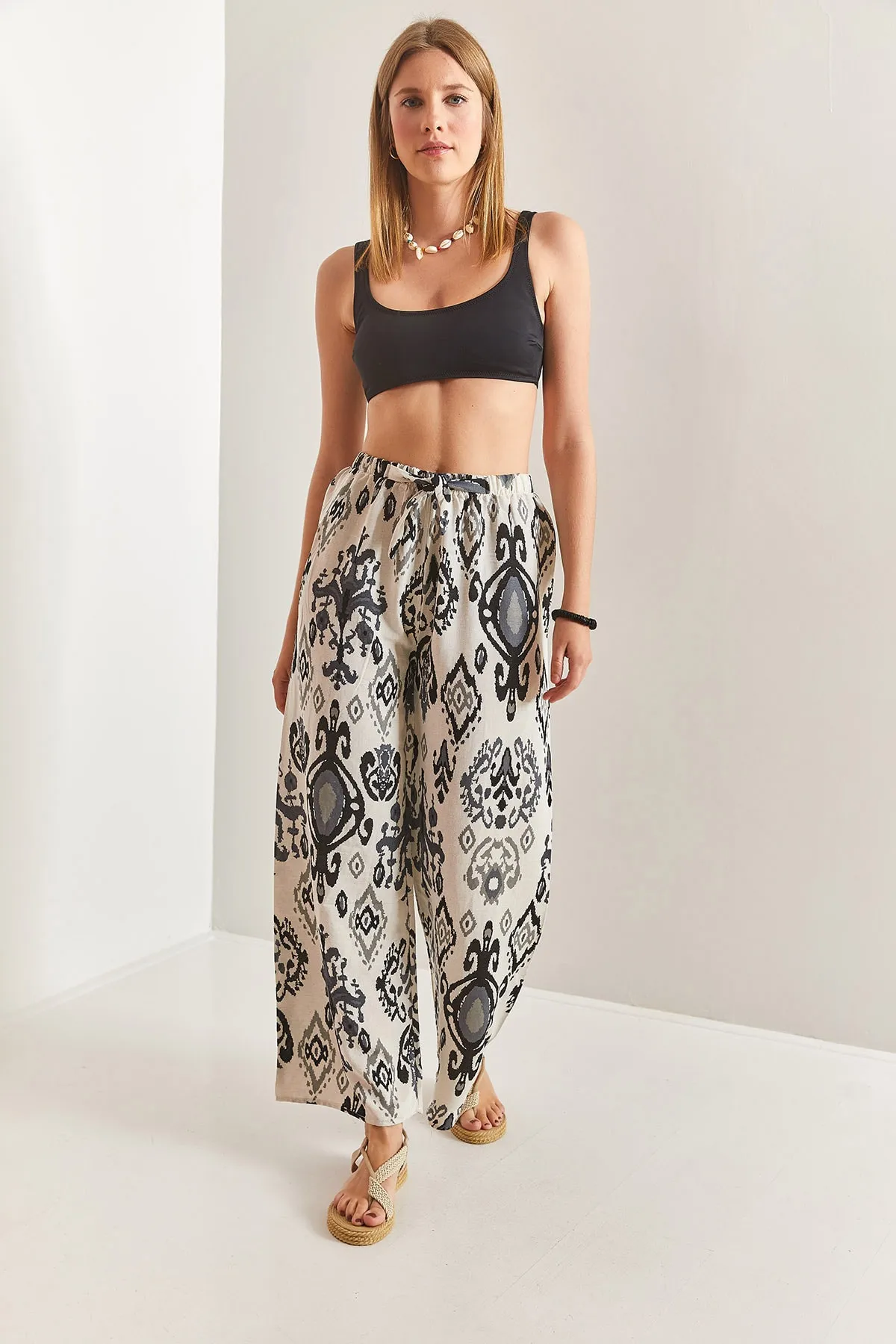 Bianco Lucci  Mehrfarbig gemusterte Damen-Leinenhose mit elastischem Bund