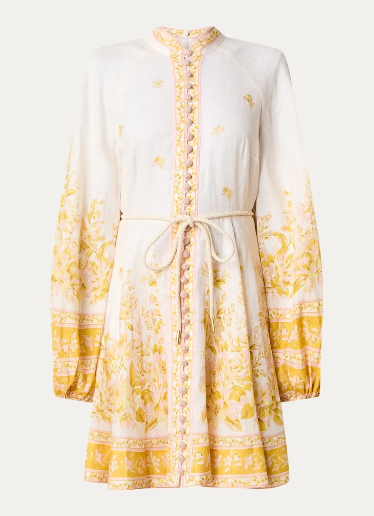Zimmermann linen mini blouse dress with floral print and tie belt