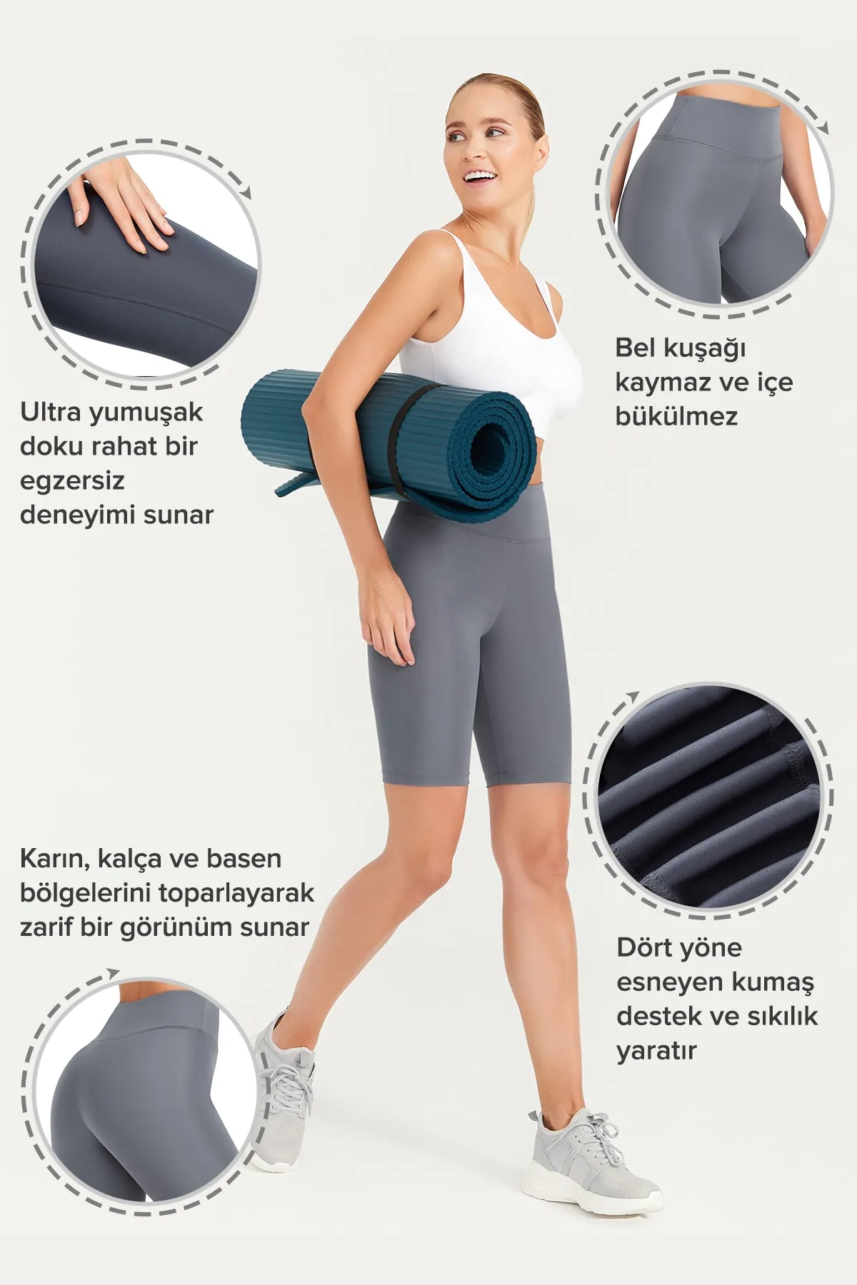 LOS OJOS  Anthrazitfarbene, lockere Radlerhose mit hoher Taille und kurzen Sport-Tights für Damen
