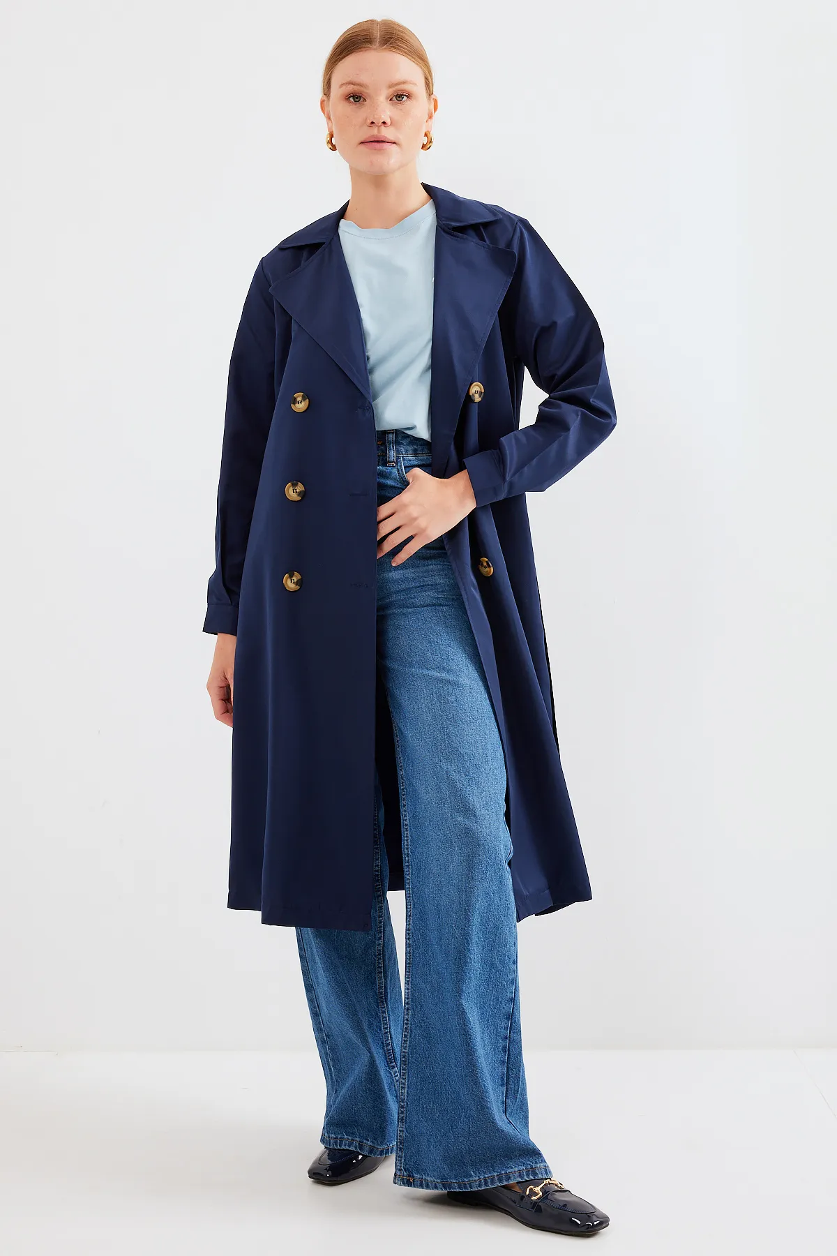 Bigdart  5853 Zweireihiger Trenchcoat mit Kragen – Marineblau
