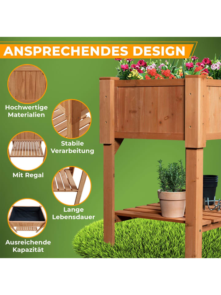 Coemo Hochbeet aus Holz mit Pflanzfolie und Ablage in Natur günstig kaufen