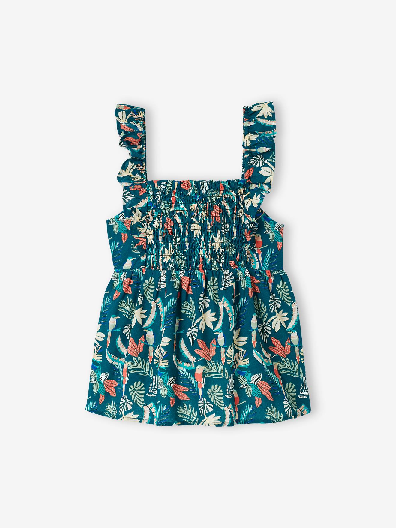Blouse smockée à bretelles volantées fille corail