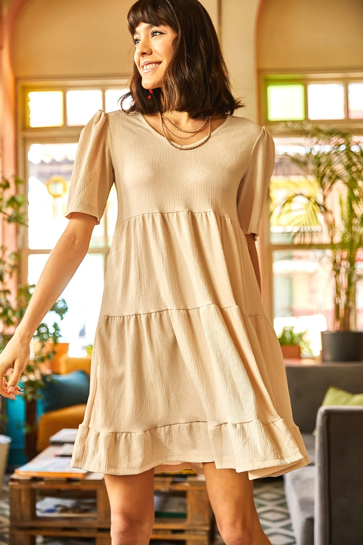 Olalook  Lässiges Strickkleid für Damen in Steinoptik mit V-Ausschnitt ELB-19001695