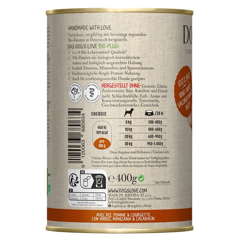 DOG'S LOVE Hundenassfutter DOG'S LOVE BIO 6x400g Rind mit Reis, Apfel & Zucchini