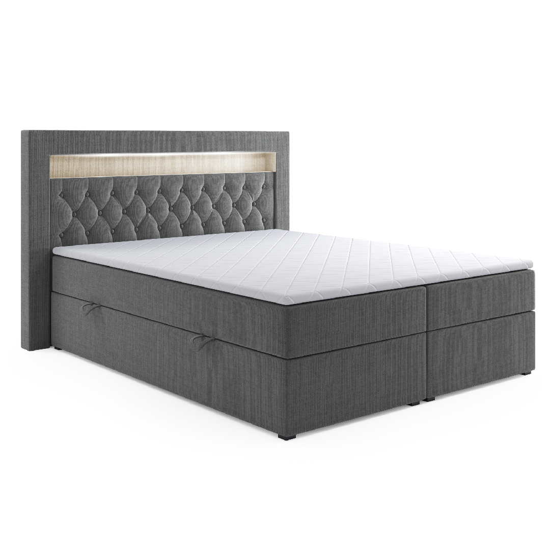 Möbel Punkt Boxspringbett DENVER mit LED und Bettkasten 180 x 200 cm Webstoff Anthrazit Bett Bettkasten