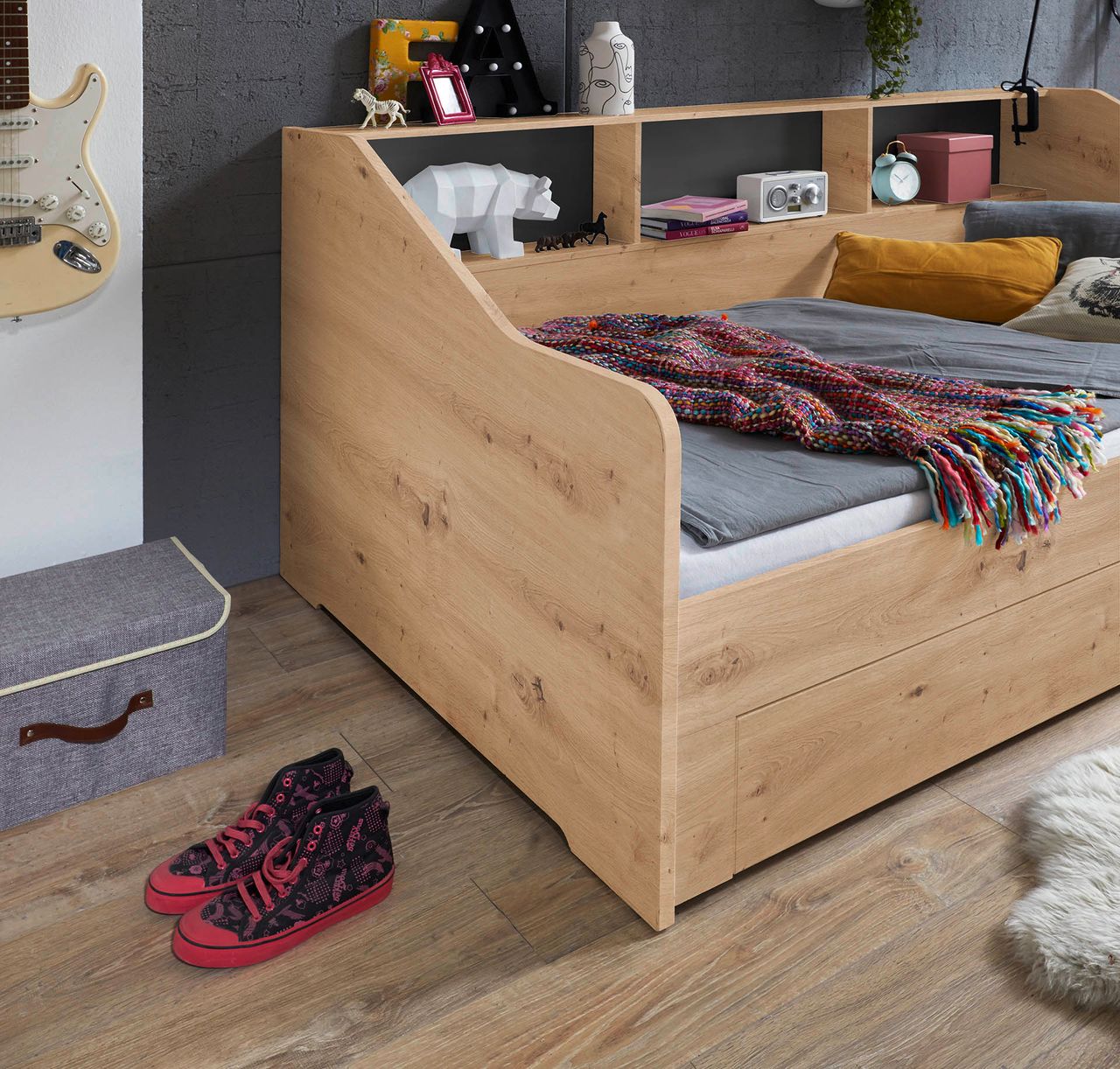 Relita Funktionsbett RENE von 90 auf 180 x 200 cm ausziehbar, mit 2 Schublade & Regal, Ausf. Eiche Artisan Dekor