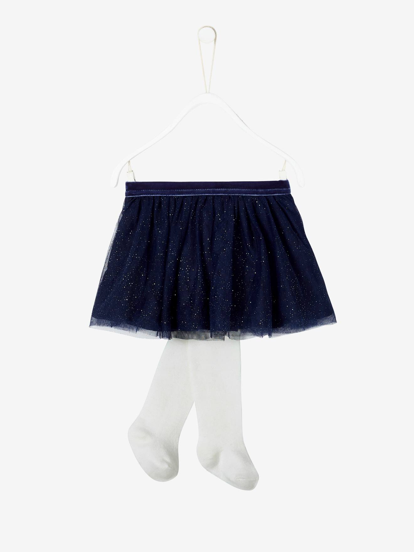 Ensemble jupe de fête en tulle pailleté et collant bébé bleu indigo