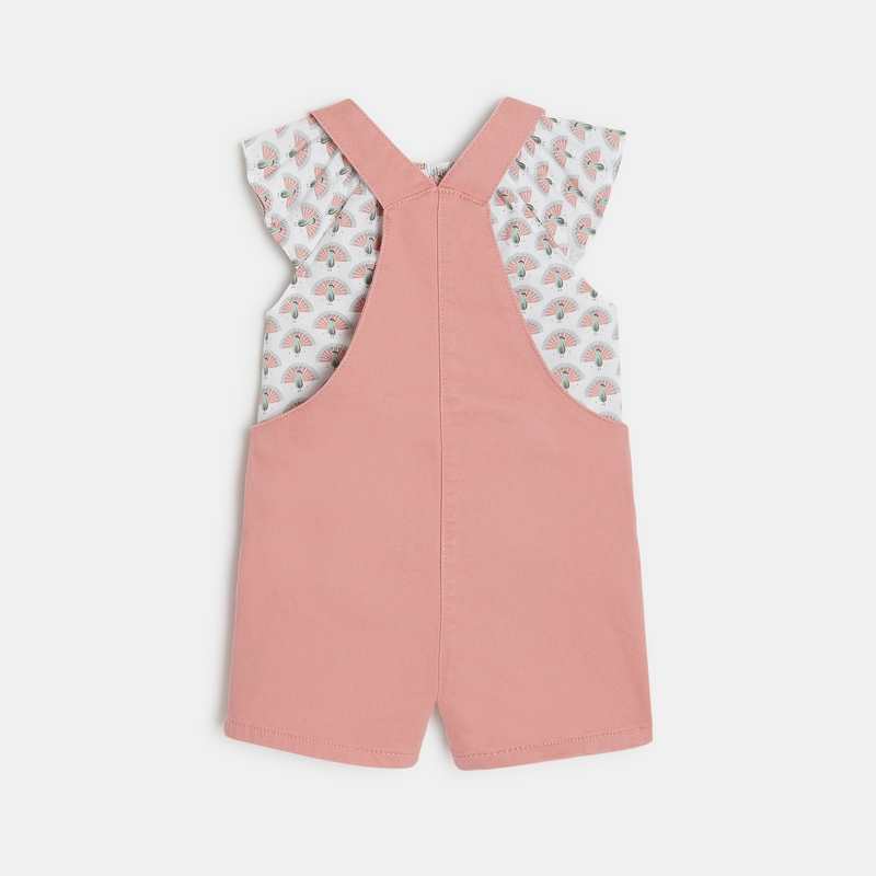 Salopette courte et blouse paons rose bébé fille