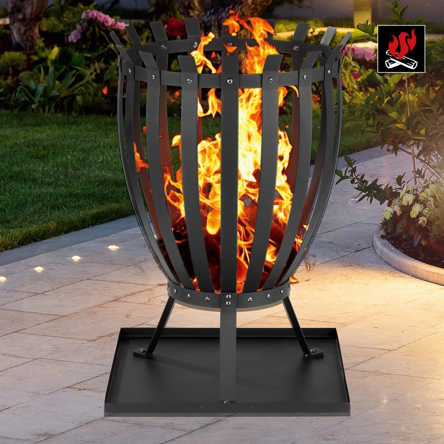 LANDMANN Feuerkorb Steel Stripes 44x65cm schwarz, 360° Sicht inkl. Bodenplatte