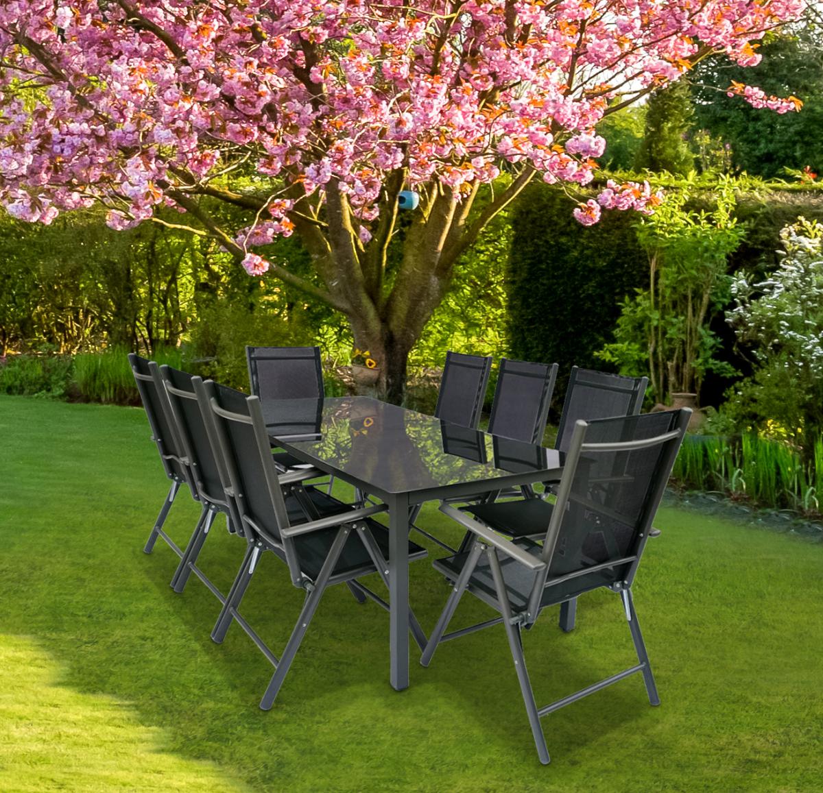 VCM Alu-Gartenset 189 Schwarzglas Tisch   8 Stühle