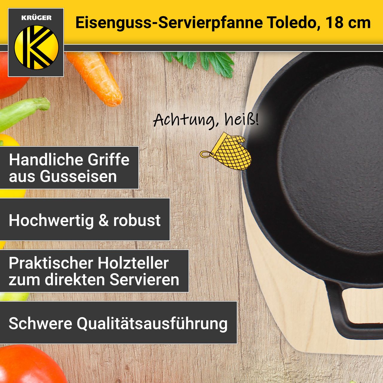 Karl Krüger Eisenguss Servierpfanne TOLEDO mit Holzteller, 18 cm