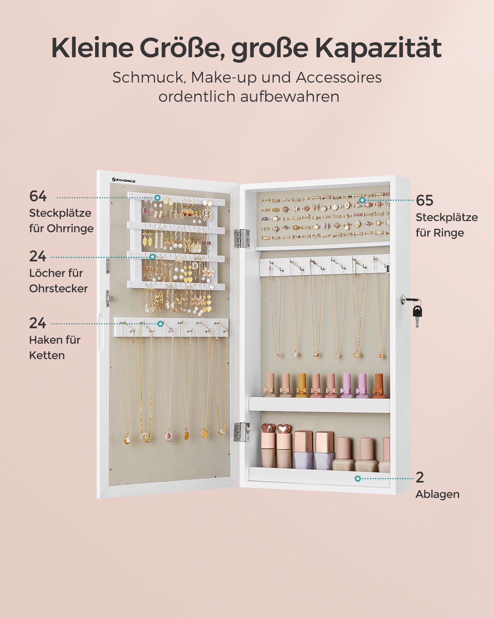 SONGMICS Schmuckschrank Spiegelschrank abschließbarer Wandschrank, weiß