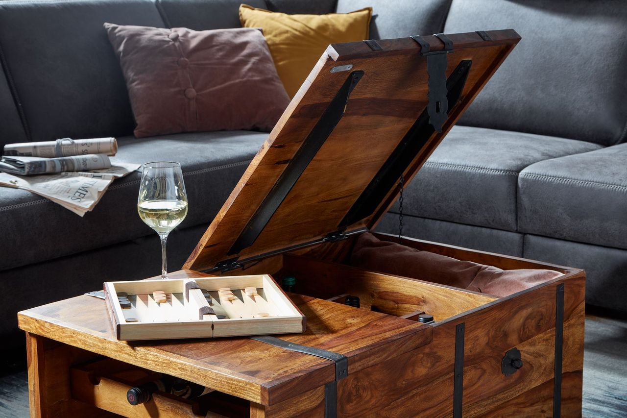 Wohnling Couchtisch 100x60x40 cm Truhentisch Massivholz Tisch Wohnzimmer Modern