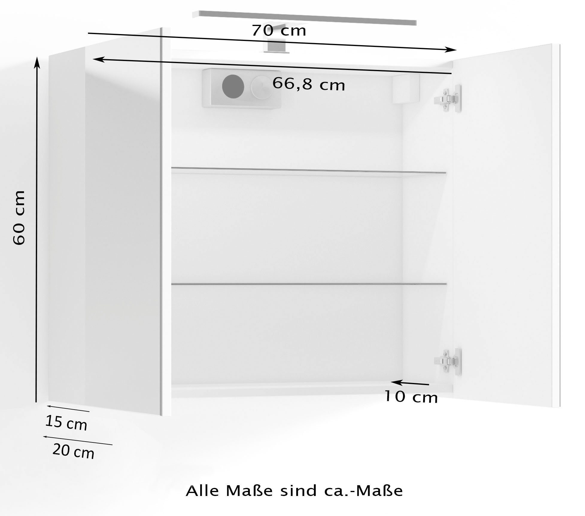 byLIVING Spiegelschrank Spree Breite 70 cm, 2-türig, mit LED Beleuchtung und Schalter-/Steckdosenbox