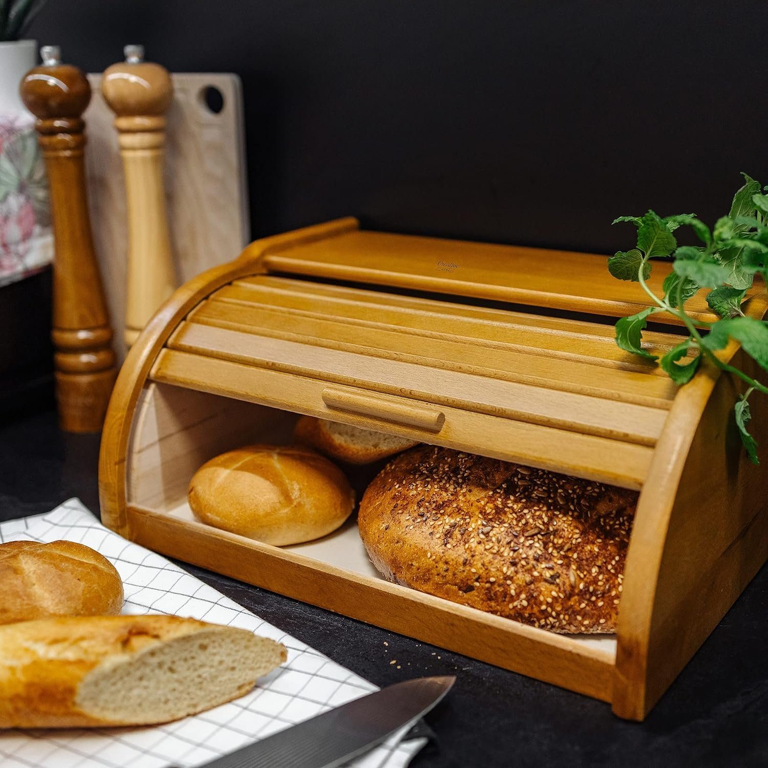 Creative Home Brotkasten Holz 38 x 28,5 x 17,5 cm Brotkiste mit Rolldeckel Brotbox