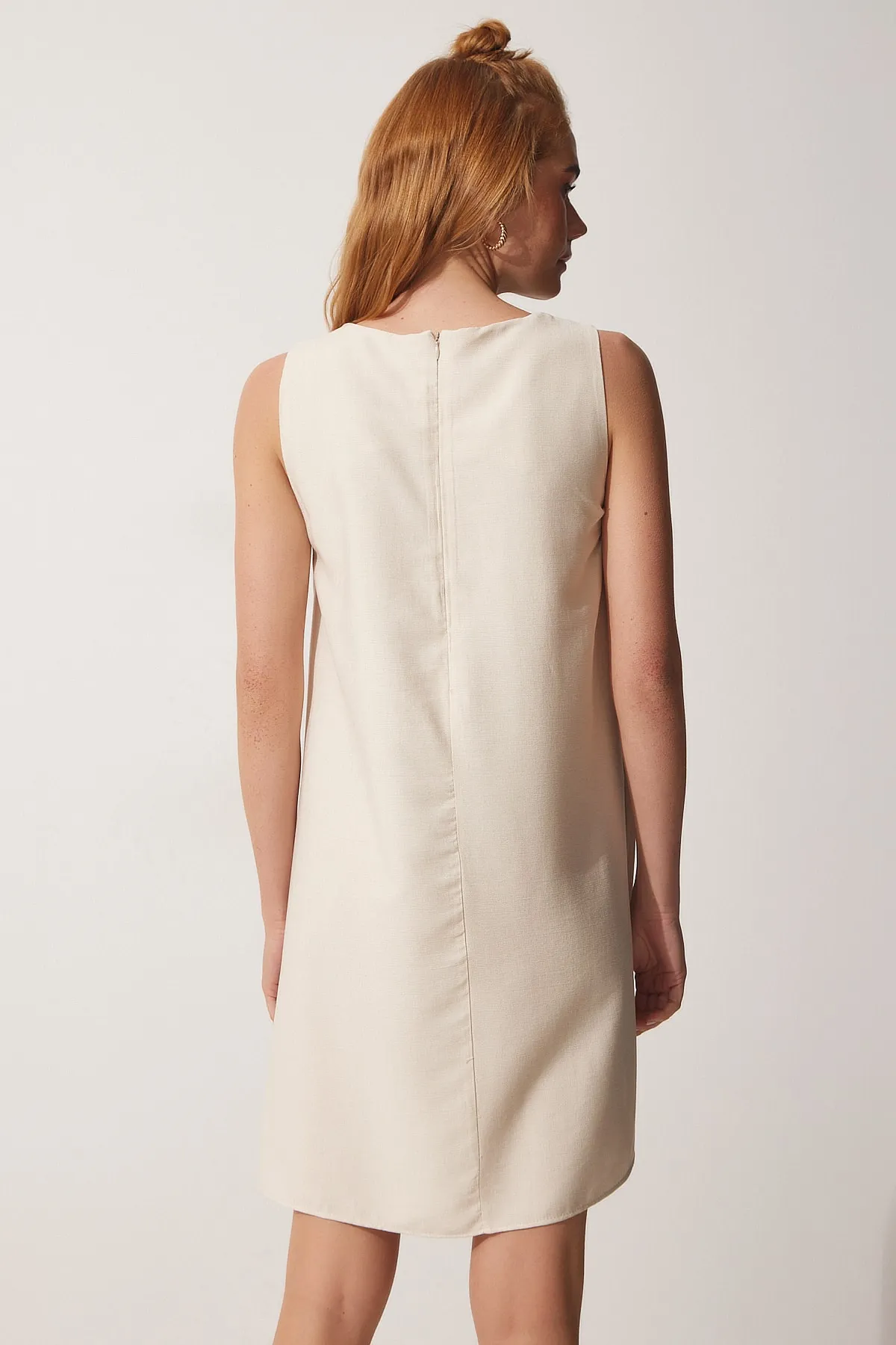 Happiness İstanbul  Cremefarbenes, gewebtes A-Linien-Sommerkleid für Damen BF00067