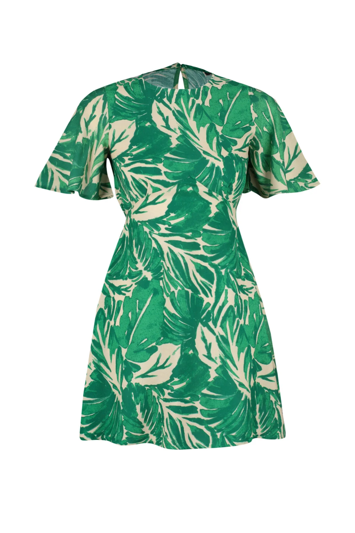 Trendyol Collection  Grünes A-Linien-Minikleid aus Viskosegewebe mit tropischem Blumenmuster TWOSS24EL00632