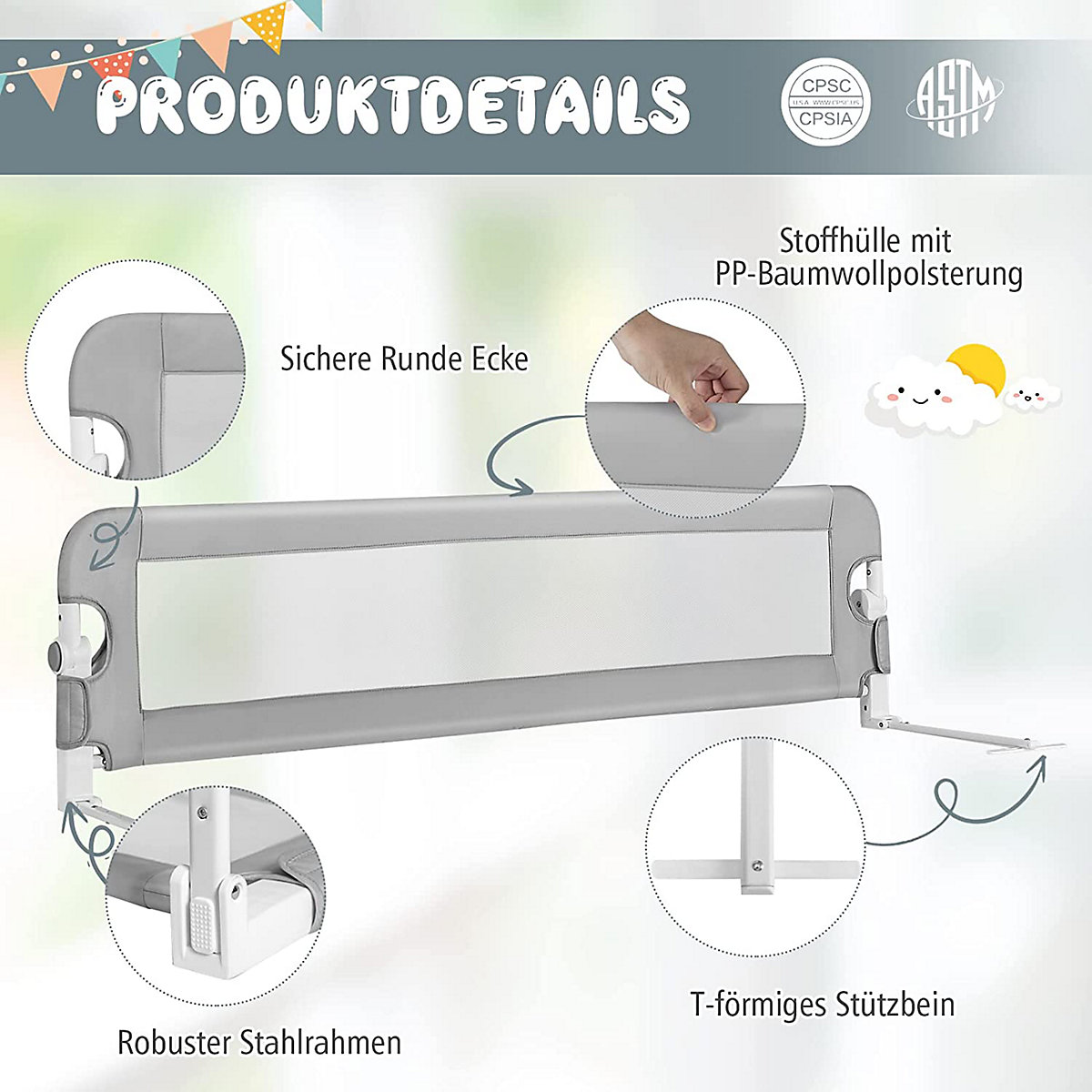 Bettschutzgitter klappbar 150 cm mit Verbindungsriemen