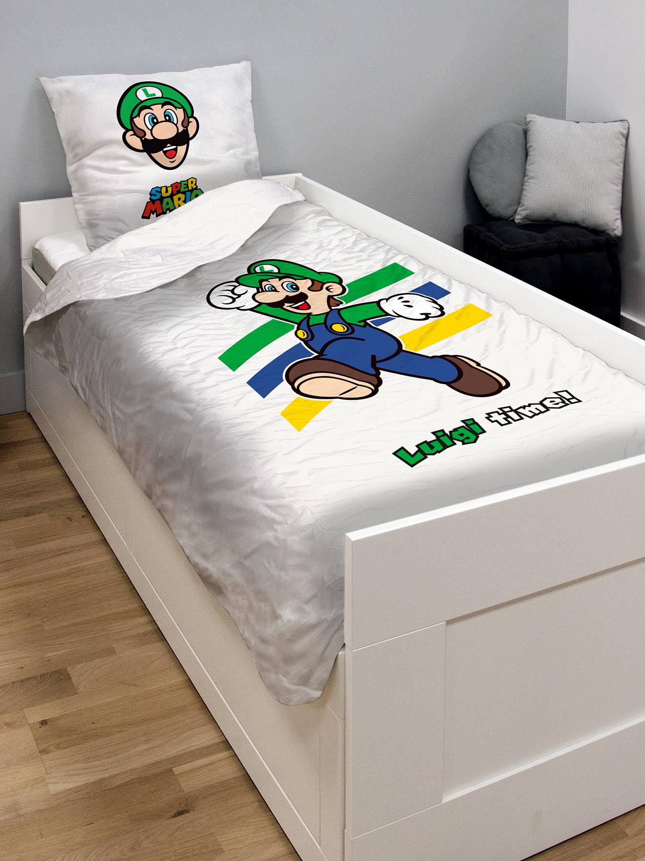 Parure housse de couette + taie d'oreiller enfant Super Mario® et Luigi blanc