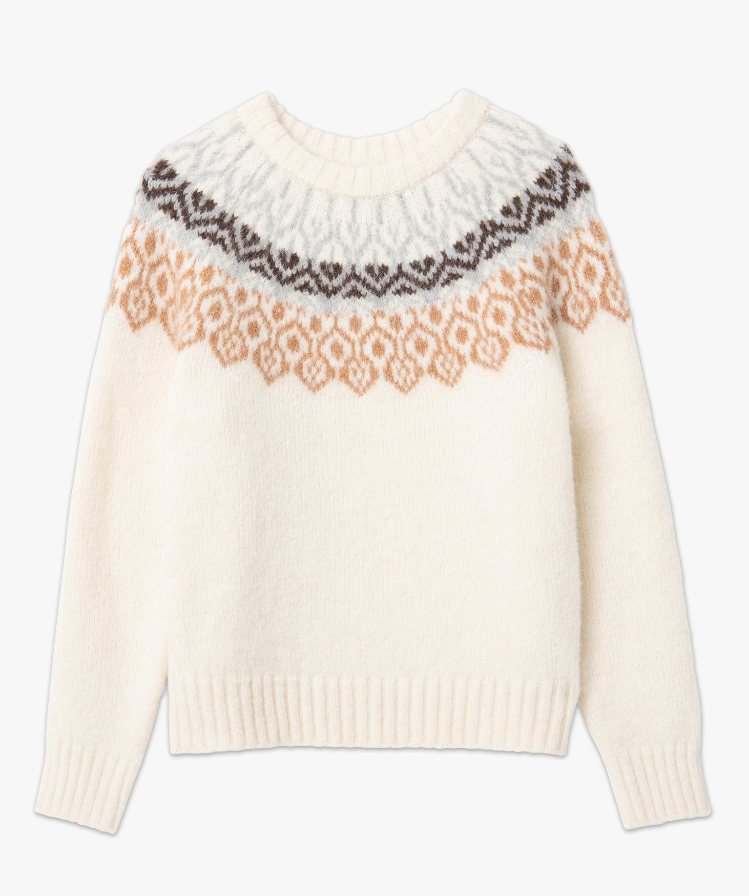 Pull femme jacquard avec col rond ecru | GEMO