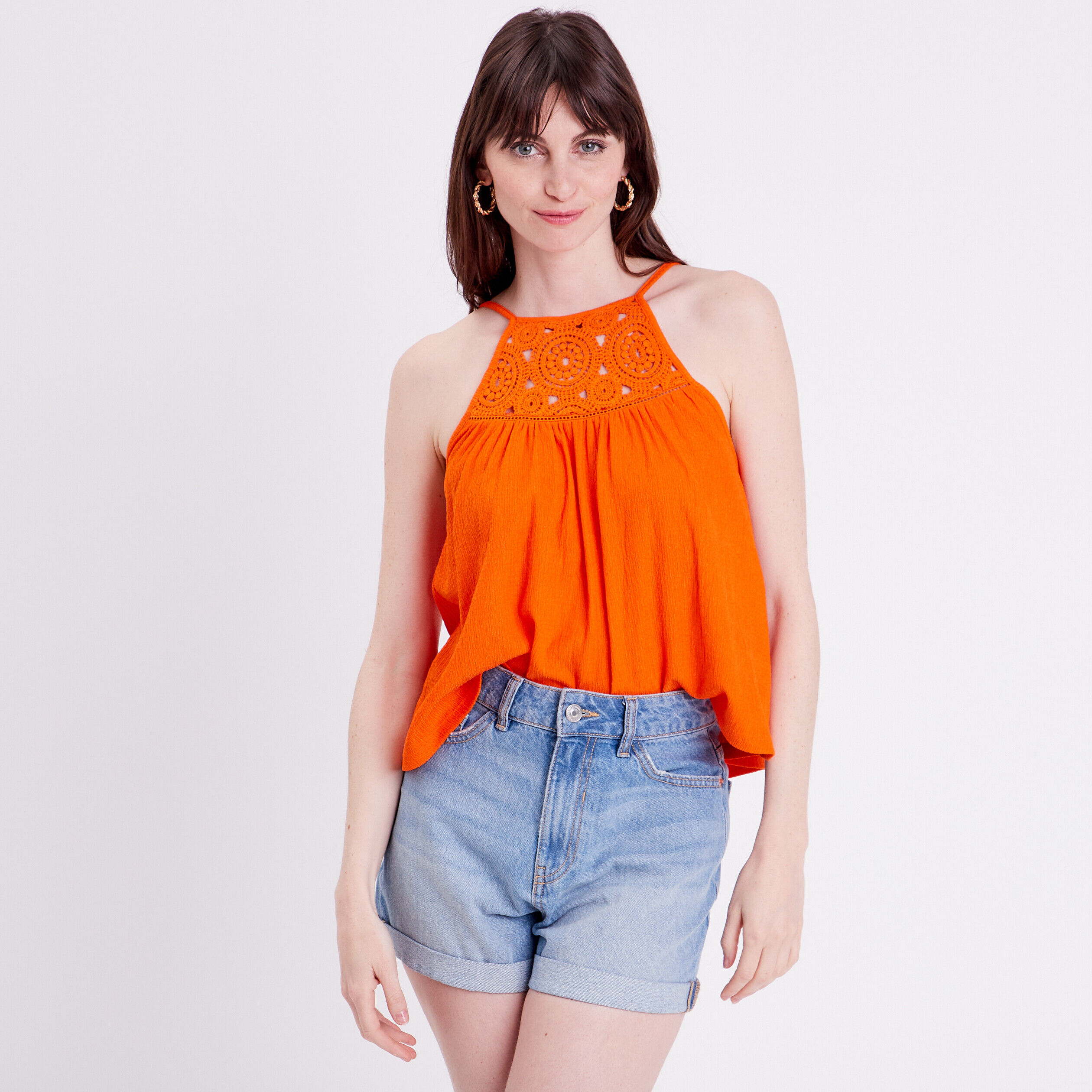 Débardeur col macramé orange femme | Cache Cache