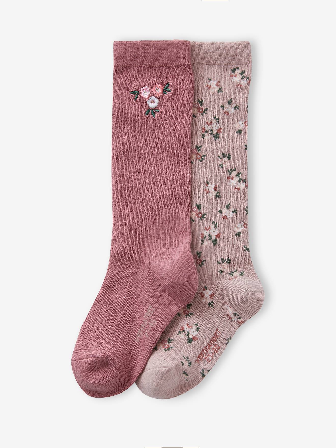 Lot de 2 paires de chaussettes hautes à fleurs en maille côtelée fille bois de rose