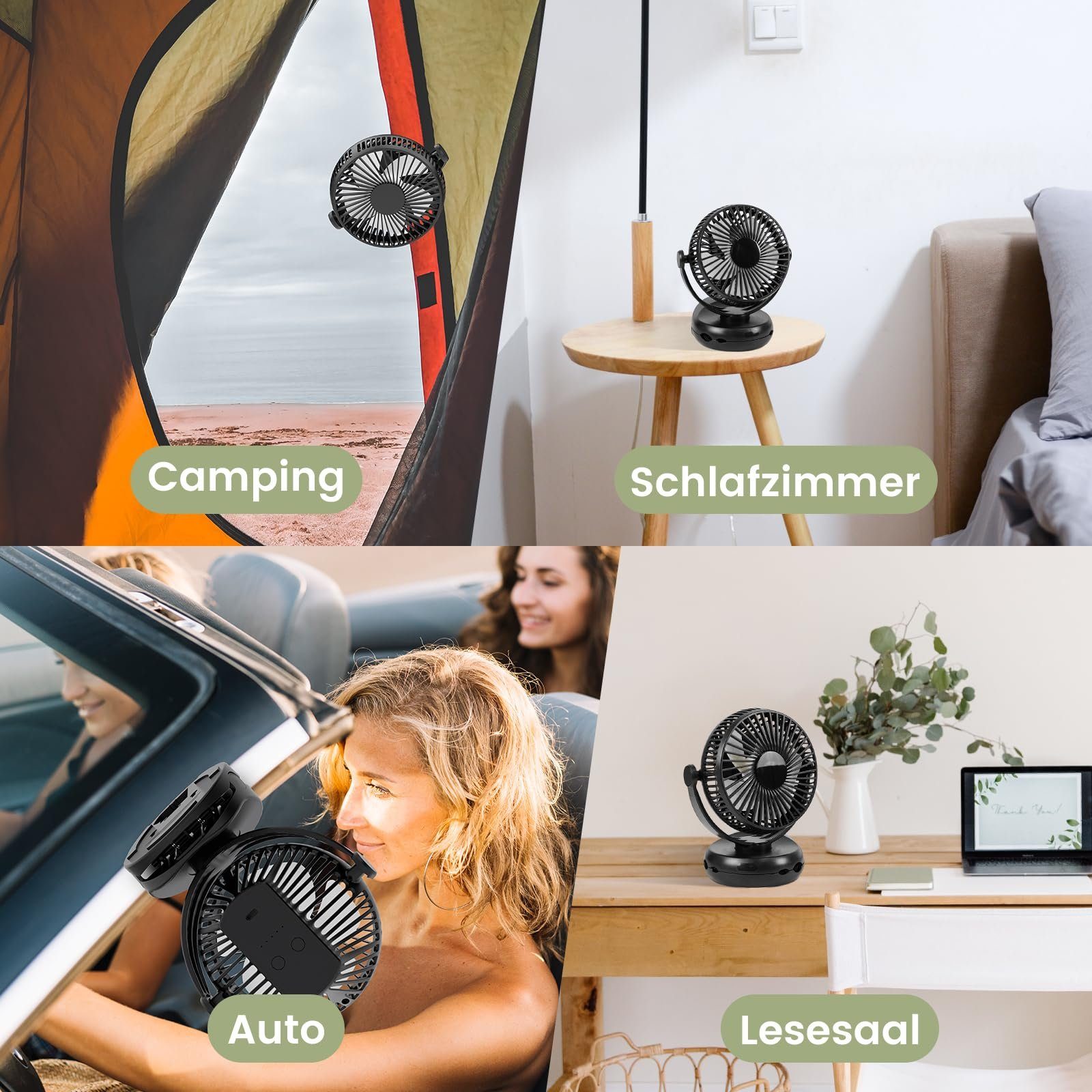 ZMH Mini USB-Ventilator 4 Geschwindigkeiten 10000mAh Akku 360° Drehung Schwarz, Mit integrierten Klammer und dem klappbaren Haken