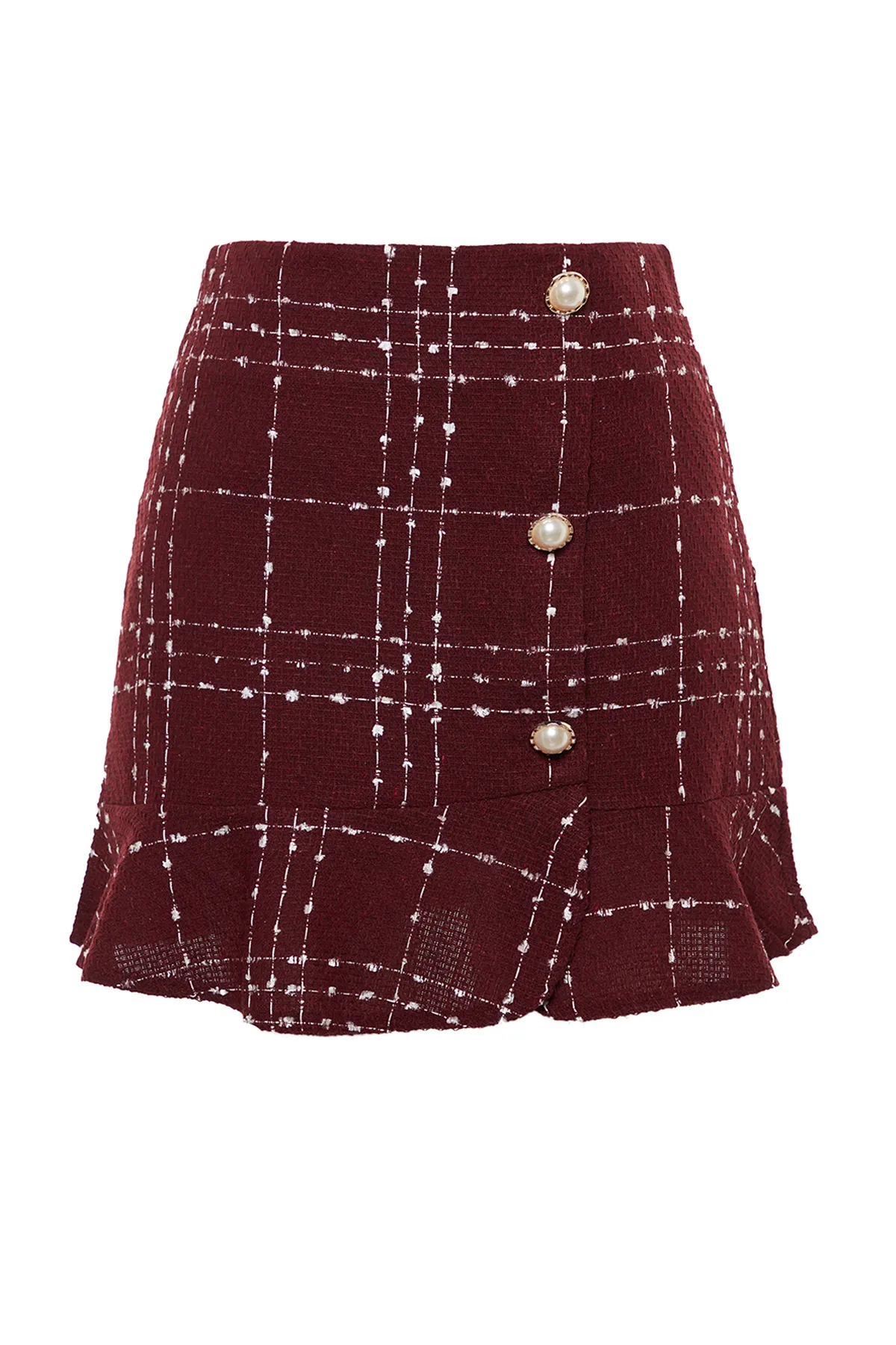 Trendyol Collection  Burgunderroter geknöpfter Tweed-Stoffrock mit Volantspitze und Mini-Webrock TWOAW22ET0155