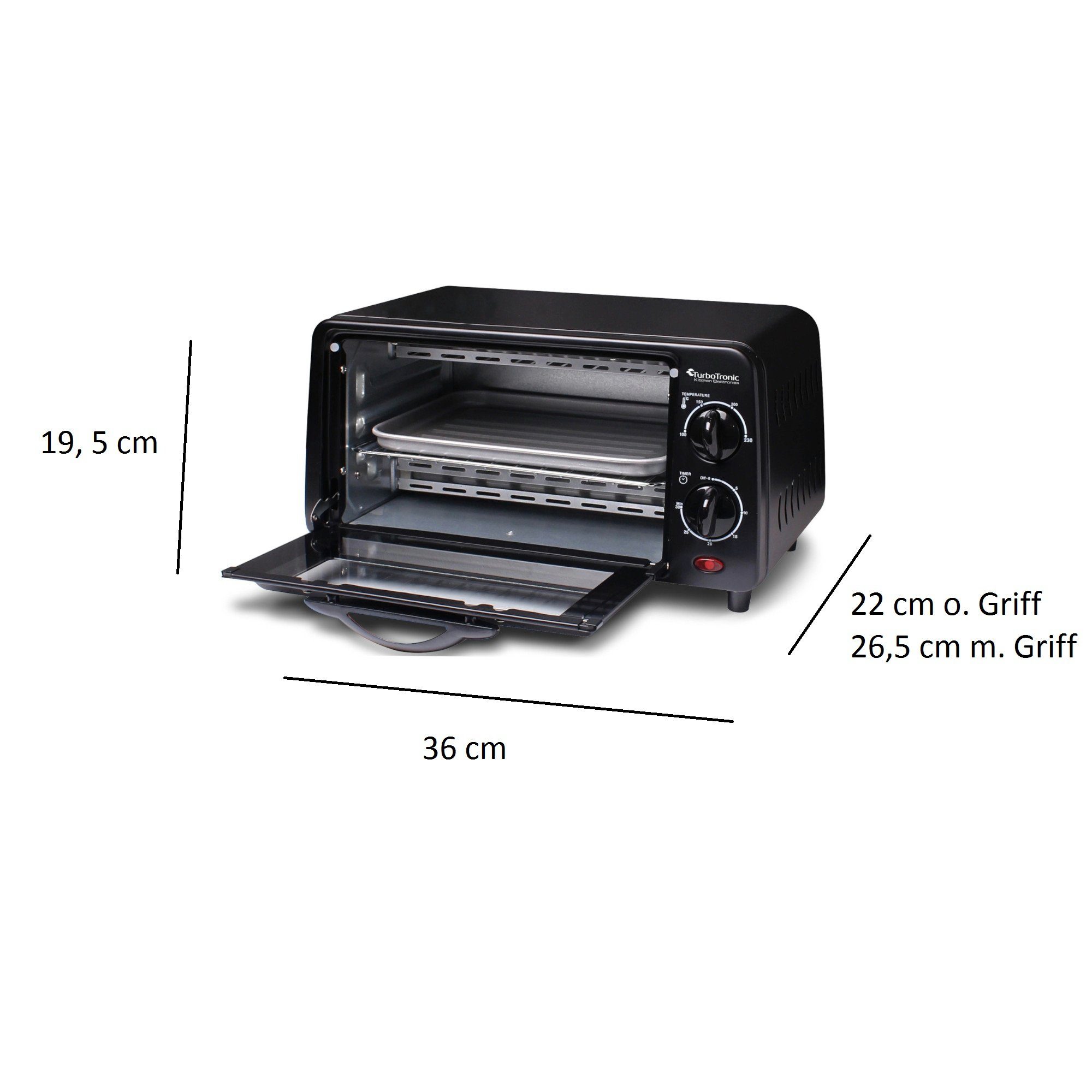 TurboTronic by Z-Line Minibackofen 14 Liter Schwarz, inkl. 1x Grillrost & 1x Backblech 1200W Camping, Pizzaofen 100-230°C Tischbackofen, Kleiner Ofen