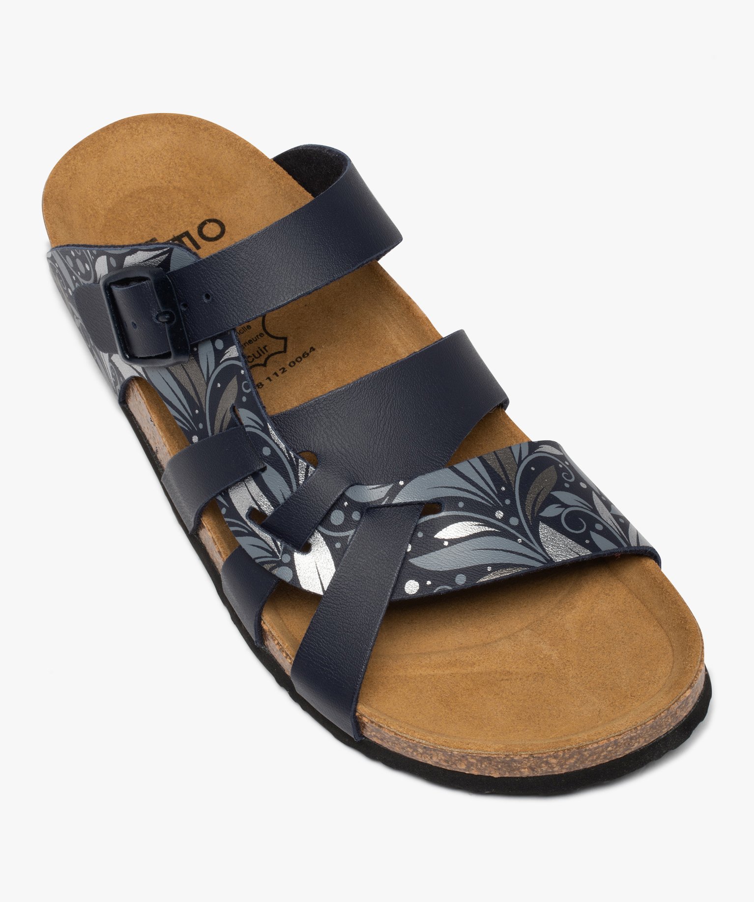 Mules femme à talon plat et brides multiples imprimées bleu | GEMO