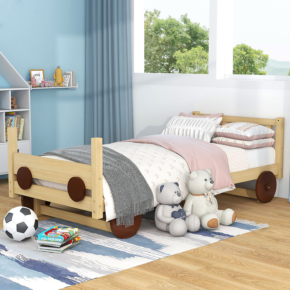 Autobett Kinderbett mit MDF-Rädern, abnehmbarer Rahmen, Rahmen aus Kiefer