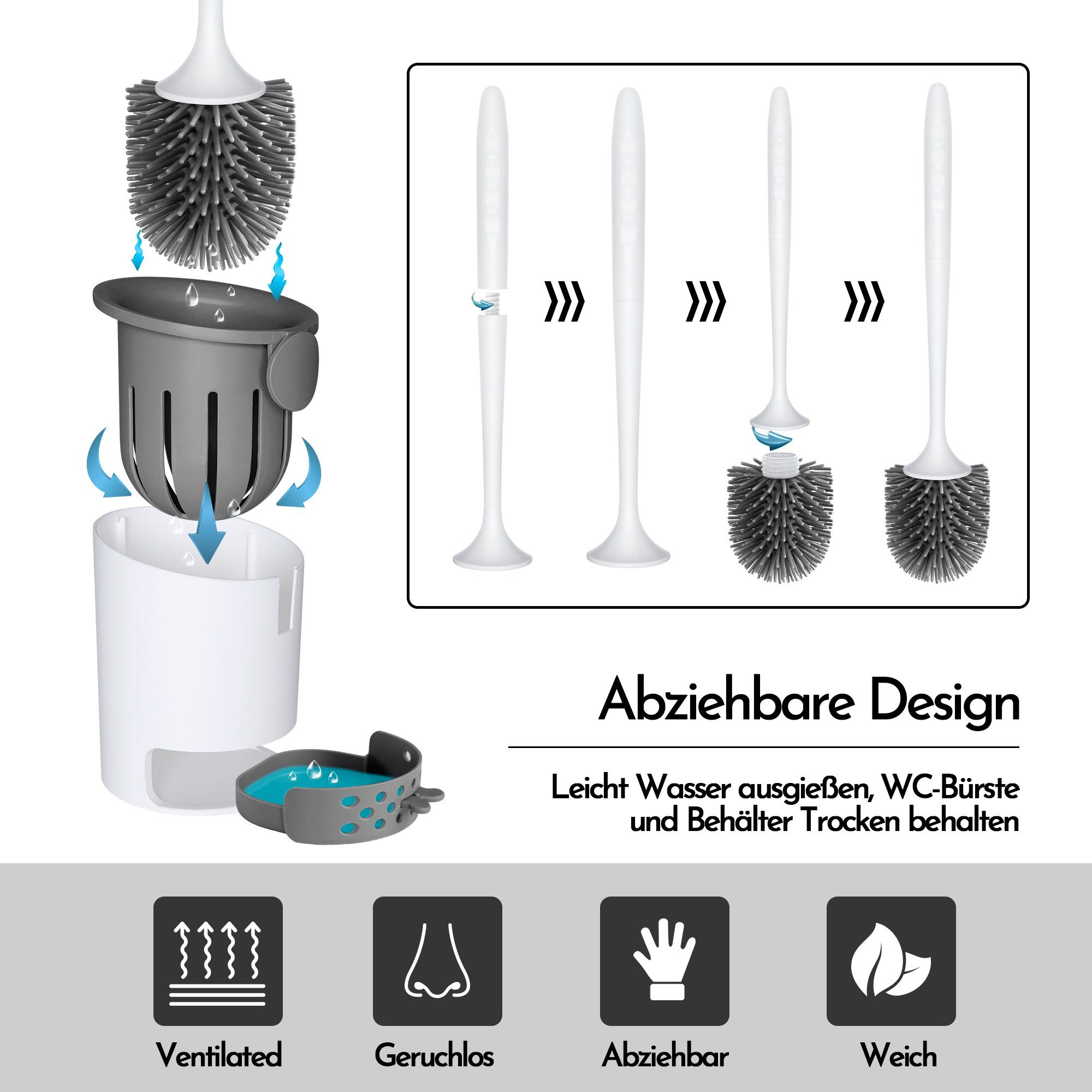 Homewit WC-Reinigungsbürste WC Bürste Toilettenbürste aus Silikon Klobürste mit Halter Set, für Badezimmer oder Gäste-WC, (Set, 1-tlg., Premium Klobürste), mit Antibakteriell ohne Bohren Klobürstenhalter
