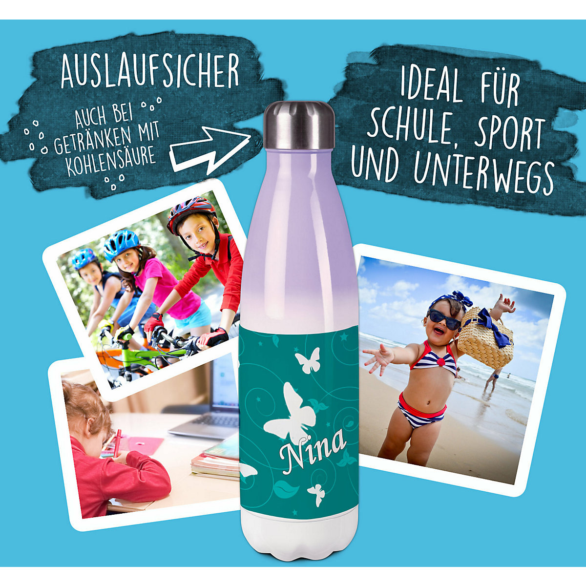 Edelstahl Kinder Thermoflasche / Trinkflasche bunt Schmetterling Ornamente Farbe petrol Spülmaschinenfest, Auslaufsicher, Bruchfest, Doppelwandig, Für Heißgetränke geeignet, Mit Deckel, Isoliert