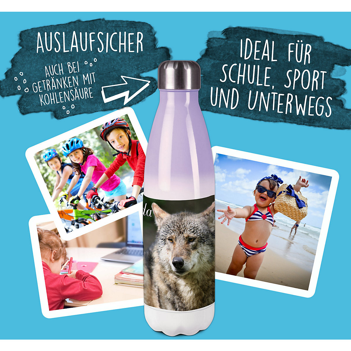 Edelstahl Kinder Thermoflasche / Trinkflasche bunt Wolf Spülmaschinenfest, Auslaufsicher, Bruchfest, Doppelwandig, Für Heißgetränke geeignet, Mit Deckel, Isoliert