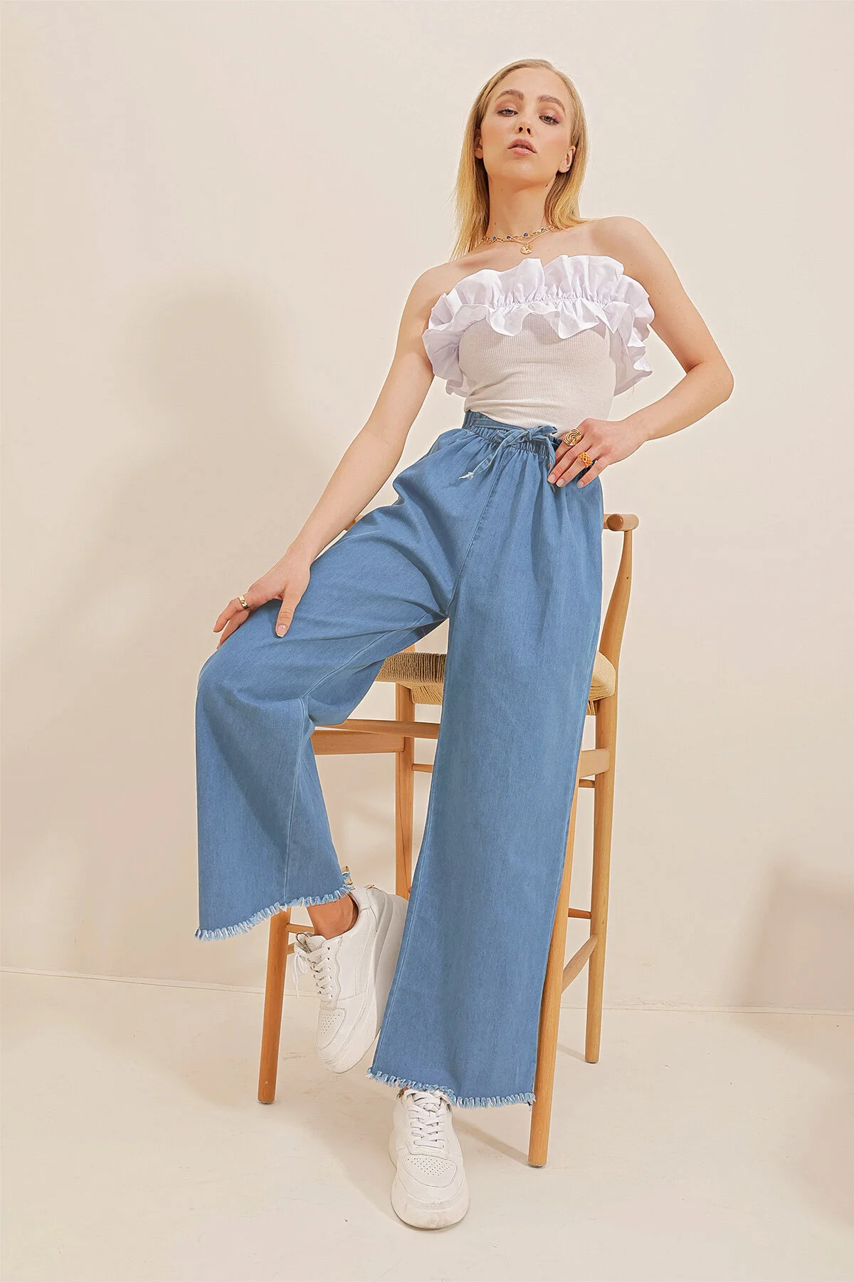 Trend Alaçatı Stili  Dunkelblaue Palazzo-Jeanshose mit hoher Taille und Quasten für Damen ALC-X8930