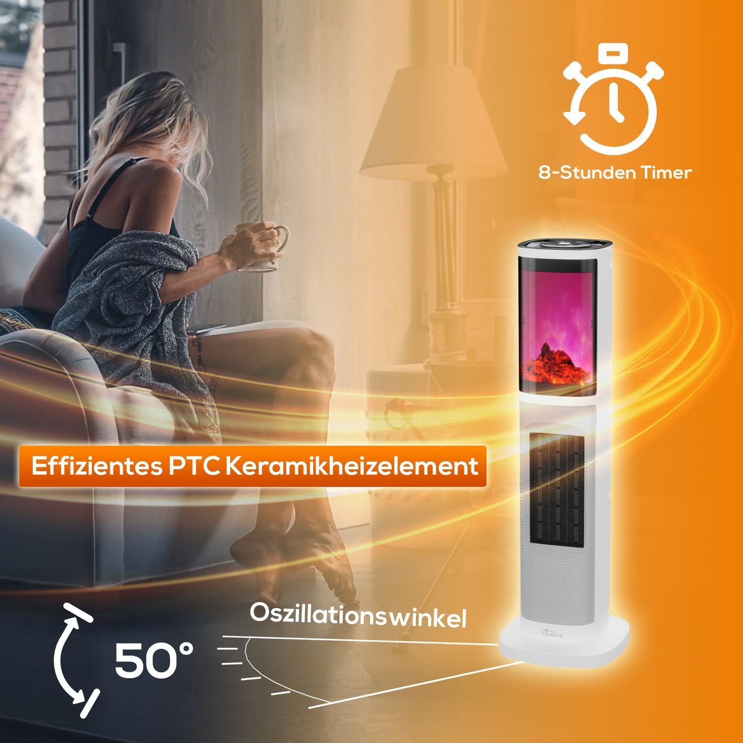 TroniTechnik Heizstrahler Turmheizer KH-064, Keramikelement, Heizgerät,Oszillation,2000W,weiß, 2000 W, zwei Heizstufen, Überhitzungsschutz und Abschaltautomatik, Thermostat