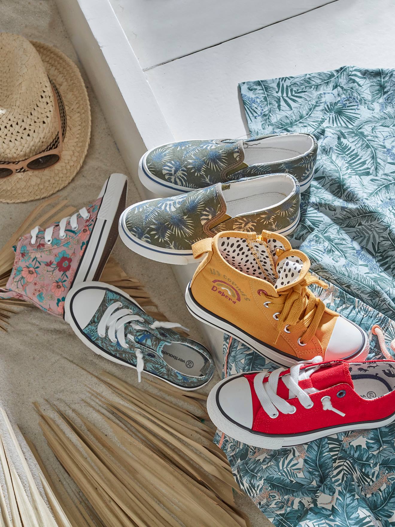 Vertbaudet Jungen Stoff-Sneakers mit Gummizug - grün bedruckt/tropical