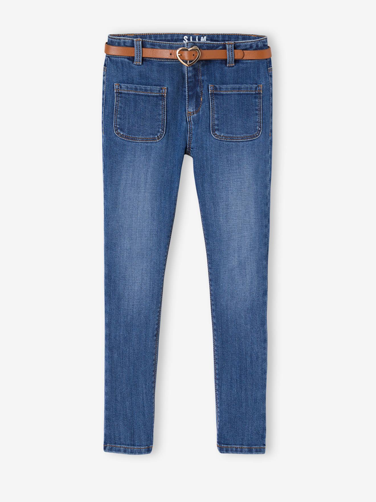 Vertbaudet Die UNVERWÜSTLICHE, robuste Mädchen Jeans, Slim-Fit mit Gürtel - grau