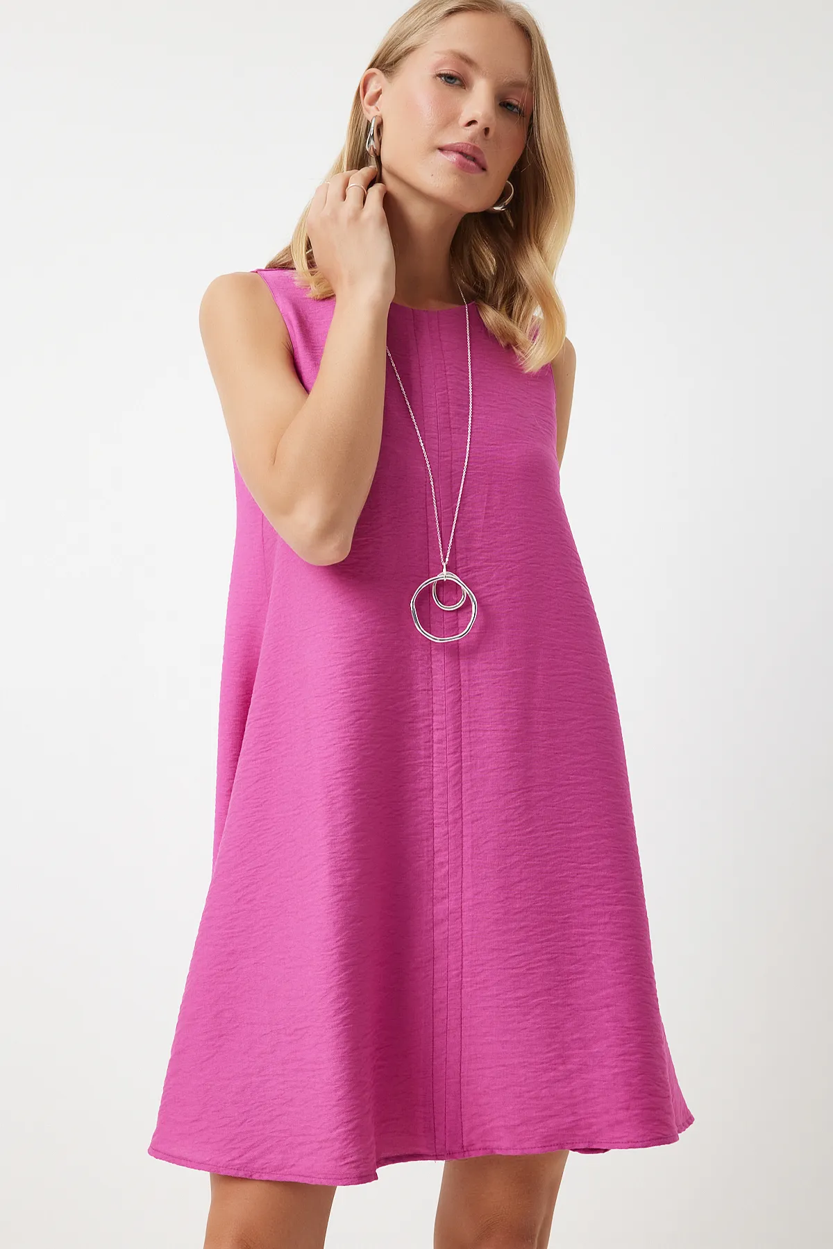 Happiness İstanbul  Dunkelrosa Sommer-gewebtes A-Linien-Kleid für Damen BF00067