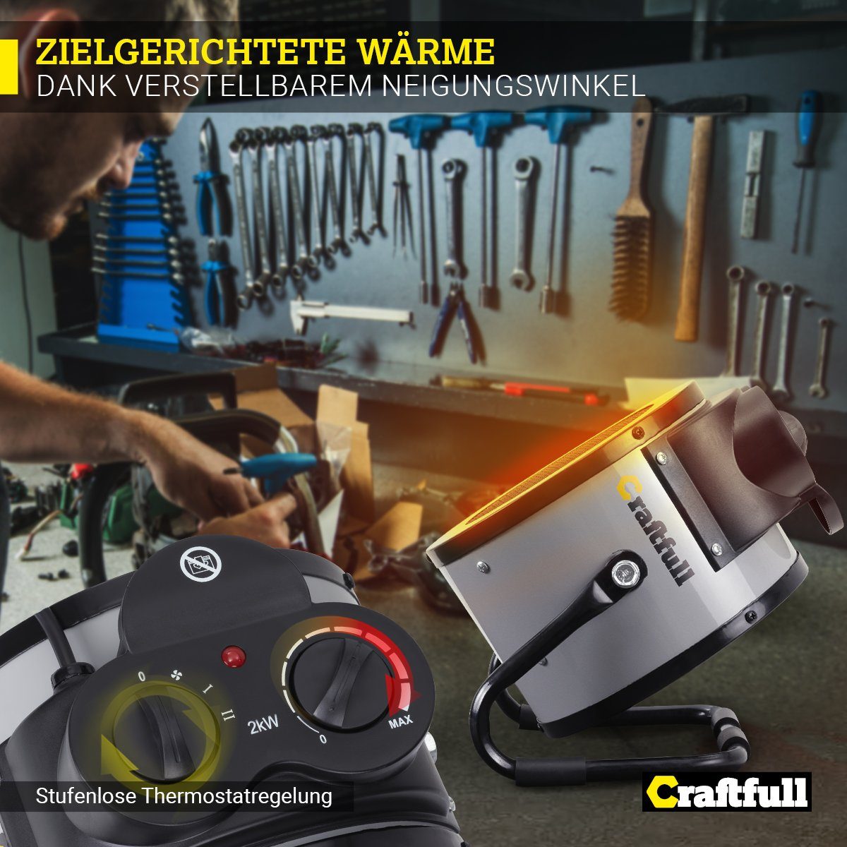 Craftfull Keramikheizlüfter Elektro Heizlüfter HL1000 inkl. 3 Jahre Garantie - Überhitzungsschutz, 2000 W, Elektroheizung Heizstrahler Heizgebläse Heizung - 3 Heizstufen