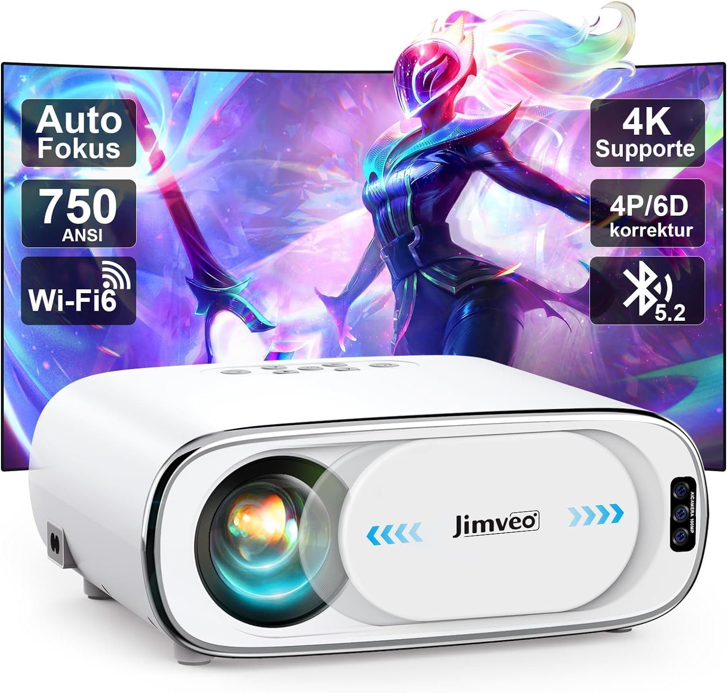 Jimveo 1080P 4K Unterstützt Projektor, 750ANSI Portabler Projektor (20000 lm, 18000:1 Jimveo, 3840x2160 px, Maximal 300''Display Innovativer Gut Qualität Vielseitige Anschlüsse)