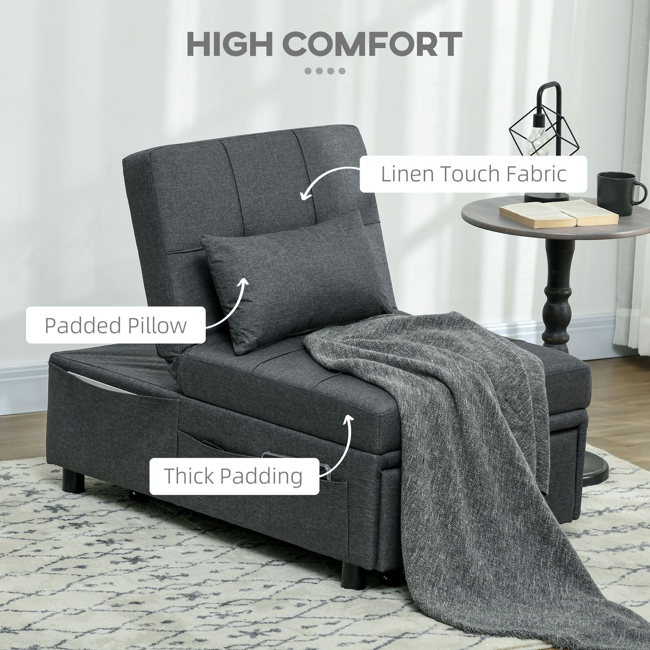 HOMCOM Schlafsessel 3 in 1 Bettsessel mit Seitentasche Gästebett mit Kissen